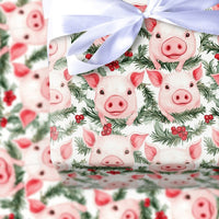 Adorable Holiday Animal Gift Wrap, Watercolor Christmas Pig Wrapping Paper, Holly Pine Wreath Wrapping Paper Roll, Festive Farm Pig Gift Wrap