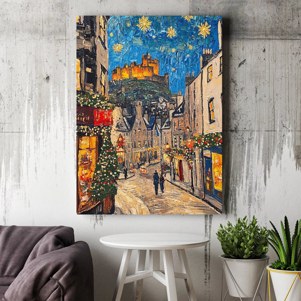Starry Night Cityscape Canvas Art, Edinburgh Castle Canvas Print, Scotland Travel Wall Canvas, Christmas Wall Art, City Souve