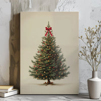 Red Bow Canvas Print, Vintage Christmas Tree Canvas Wall Art, Festive Holiday Wall Decor, Retro Xmas Tree Canvas, Winter Home Decor Present