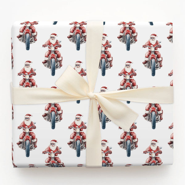 Biker Santa Claus Gift Wrap, Sunglasses Santa Motorcycle Wrapping Paper, Cool Santa Holiday Wrapping Paper, Christmas Motorcy
