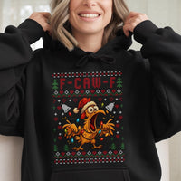Humorous Screaming Chicken Holiday Hoodie, F-Caw-F Ugly Christmas Hoodie, Poultry Pun Xmas Sweatshirt, Humorous Rooster Hooded Pullover Hoodie