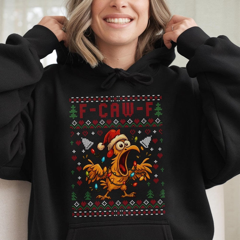 Humorous Screaming Chicken Holiday Hoodie, F-Caw-F Ugly Christmas Hoodie, Poultry Pun Xmas Sweatshirt, Humorous Rooster Hooded Pullover Hoodie