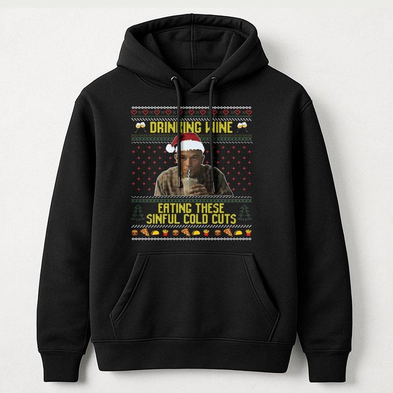 Ugly Christmas Sweater True Crime Hoodie, Sinful Cold Cuts Hoodie, Humorous Mystery Graphic Sweatshirt, Holiday Season Fan Pullover Hoodie