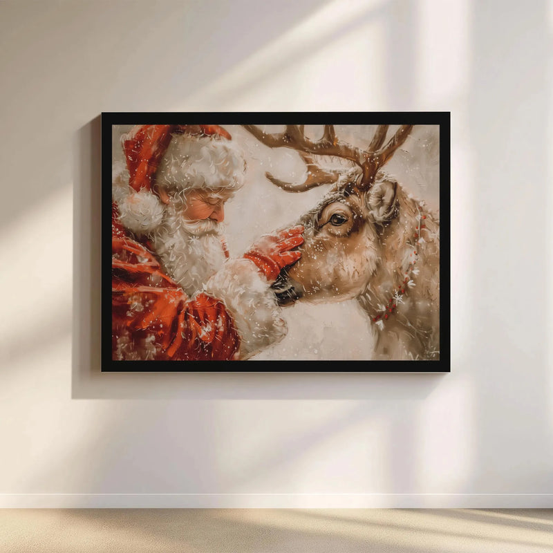 Whimsical Christmas Canvas Print, Santa Claus Reindeer Canvas Wall Art, Snowy Holiday Painting Canvas, Winter Decor, Xmas Family Present