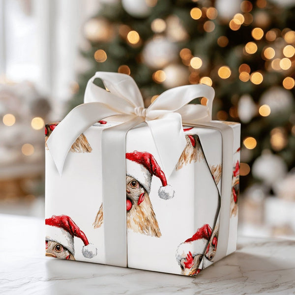 Santa Hat Farm Animal Gift Wrap Roll, Adorable Chicken Christmas Wrapping Paper, Farmhouse Holiday Wrapping Paper, Humorous H