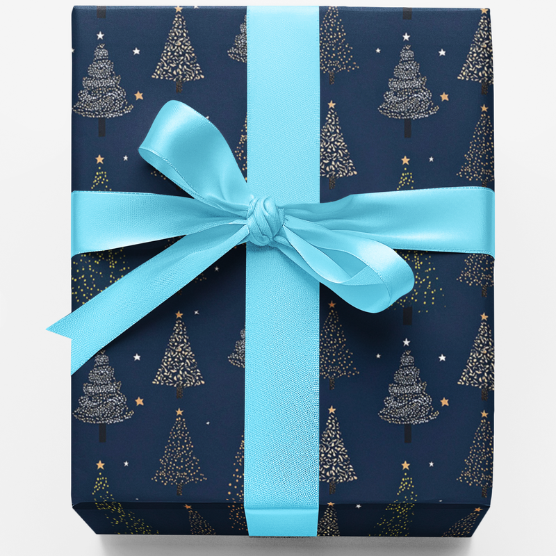 Winter Holiday Gift Wrap, Navy Blue Christmas Tree Wrapping Paper, Elegant Pine Tree Wrapping Paper, Festive Christmas Present Wrap Roll
