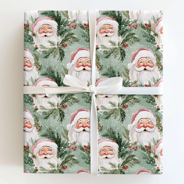 Vintage Santa Claus Gift Wrap, Watercolor Santa Wrapping Paper, Holiday Present Paper, Pine Needles Christmas Wrap, Festive W