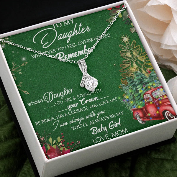 CZ Ribbon Necklace with Message Card, Christmas Ribbon Pendant Necklace for Daughter, Holiday Jewelry, Daughter Christmas Pre