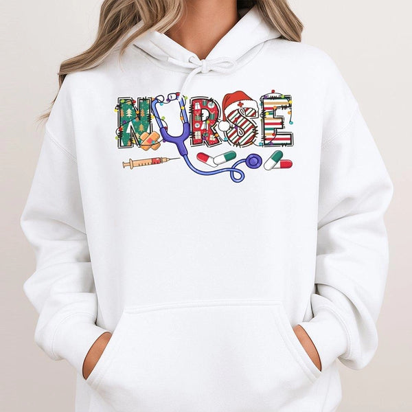 Festive Stethoscope Nurse Hoodie, Christmas Nurse Hoodie, Holiday Healthcare Sweatshirt, Nursing Student Pullover Hoodie, RN 