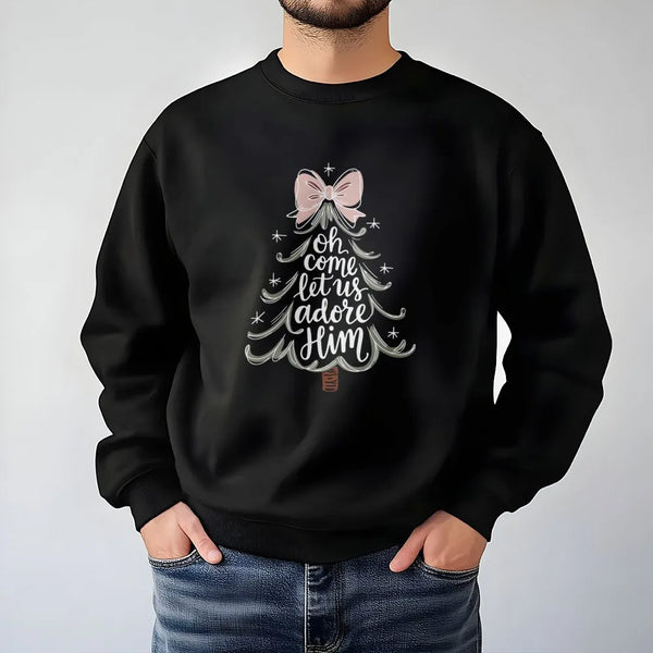Christian Christmas Sweatshirt, Oh Come Let Us Adore Him Sweatshirt, Religious Christmas Tree Crewneck, Faith Christmas Sweat