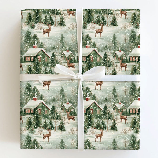 Vintage Snowy Cabin Gift Wrap, Winter Woodland Wrapping Paper, Rustic Forest Deer Wrapping Paper, Christmas Holiday Present G