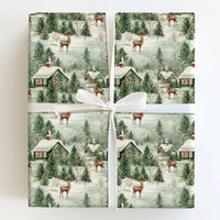 Vintage Snowy Cabin Gift Wrap, Winter Woodland Wrapping Paper, Rustic Forest Deer Wrapping Paper, Christmas Holiday Present Gift Wrap