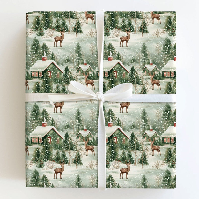 Vintage Snowy Cabin Gift Wrap, Winter Woodland Wrapping Paper, Rustic Forest Deer Wrapping Paper, Christmas Holiday Present Gift Wrap