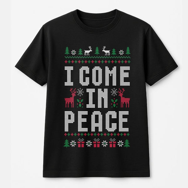 Humorous Ugly Christmas Sweater Graphic Shirt, I Come in Peace T-Shirt, Retro Xmas Alien Holiday Tee, Festive Winter Graphic 