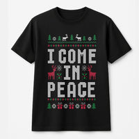 Humorous Ugly Christmas Sweater Graphic Shirt, I Come in Peace T-Shirt, Retro Xmas Alien Holiday Tee, Festive Winter Graphic T-Shirt