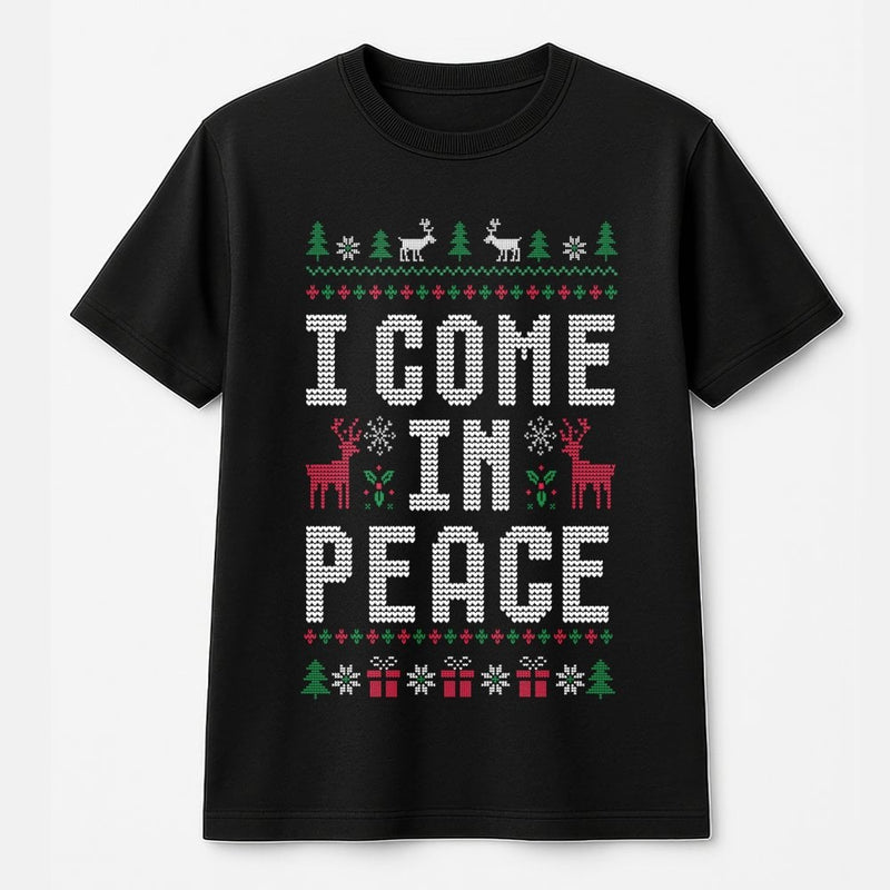 Humorous Ugly Christmas Sweater Graphic Shirt, I Come in Peace T-Shirt, Retro Xmas Alien Holiday Tee, Festive Winter Graphic T-Shirt