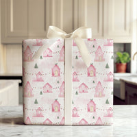 Pastel Holiday House Gift Wrap, Pink Christmas Village Wrapping Paper, Whimsical Winter Wrapping Paper, Festive Pink Xmas Gift Wrap Roll
