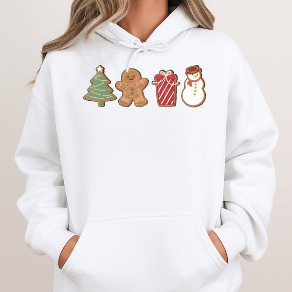Adorable Holiday Cookie Graphic Hoodie, Christmas Gingerbread Hoodie, Festive Gingerbread Man Hooded Sweatshirt, Comfy Winter