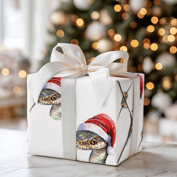 Watercolor Santa Hat Snake Gift Wrap, Christmas Snake Wrapping Paper, Humorous Reptile Holiday Paper, Adorable Animal Lover X
