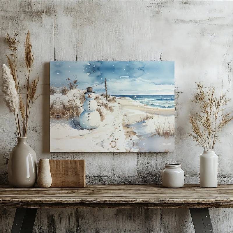Watercolor Coastal Canvas Wall Art, Winter Beach Snowman Canvas Print, Tropical Holiday Canvas Art, Adorable Christmas Season Wall Decor Present