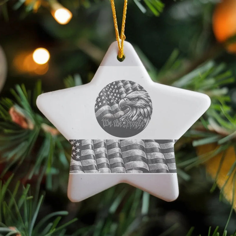 We the People Star Ornament, Patriotic Eagle Christmas Ornament, American Flag Ceramic Keepsake, Veteran Holiday Tree Ornament