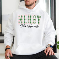 Buffalo Plaid Checkered Lettering Sweatshirt, Merry Christmas Hoodie, Comfy Holiday Winter Pullover, Festive Christmas Party Hoodie