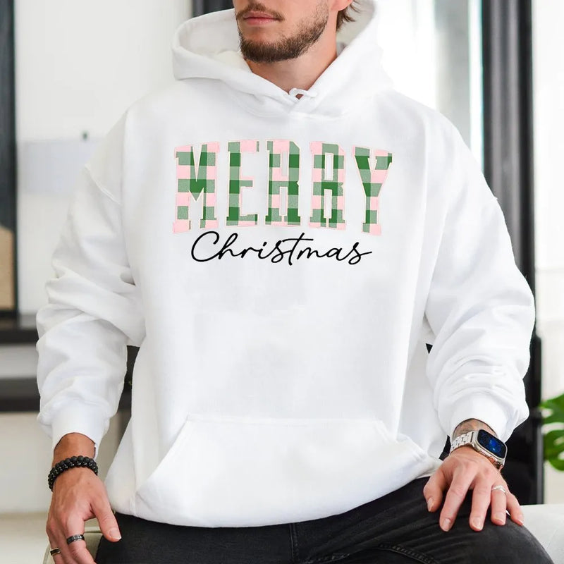 Buffalo Plaid Checkered Lettering Sweatshirt, Merry Christmas Hoodie, Comfy Holiday Winter Pullover, Festive Christmas Party Hoodie