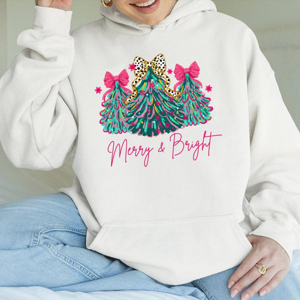 Pastel Christmas Tree Hooded Sweatshirt, Merry and Bright Christmas Hoodie, Aesthetic Holiday Hoodie, Comfy Winter Pullover P