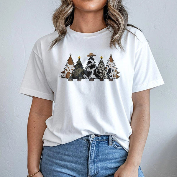 Cowhide Print Christmas Trees Graphic Tee, Western Christmas T-Shirt, Country Holiday Ranch T-Shirt, Rustic Merry Xmas Shirt 