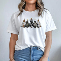 Cowhide Print Christmas Trees Graphic Tee, Western Christmas T-Shirt, Country Holiday Ranch T-Shirt, Rustic Merry Xmas Shirt for Women