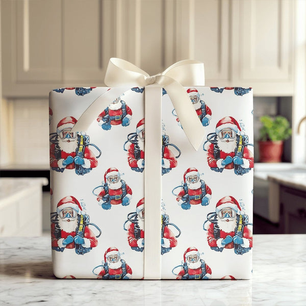 Humorous Ocean Christmas Wrapping Paper, Scuba Diving Santa Wrapping Paper, Scuba Diver Holiday Gift Wrap, Diver Santa Wrappi