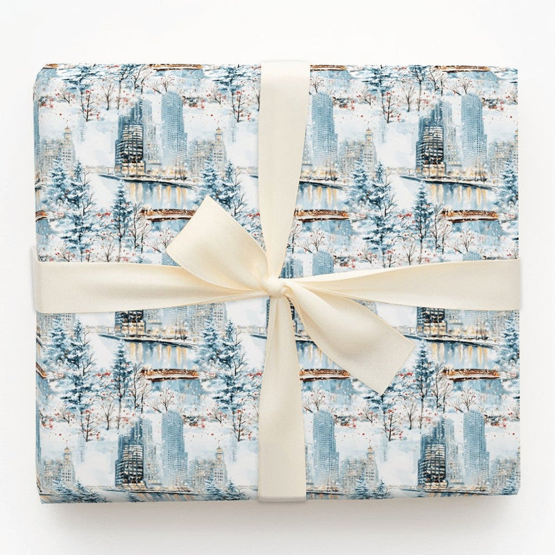 Snowy Skyline Christmas Gift Wrap, Winter Cityscape Wrapping Paper, Watercolor Waterfront City Wrapping Paper, Holiday Gift Wrap Roll