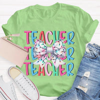 Festive Holiday Coquette Bow Shirt, Christmas Teacher Bow T-Shirt, Adorable Christmas Teacher Graphic Tee, Merry Xmas Educator Top