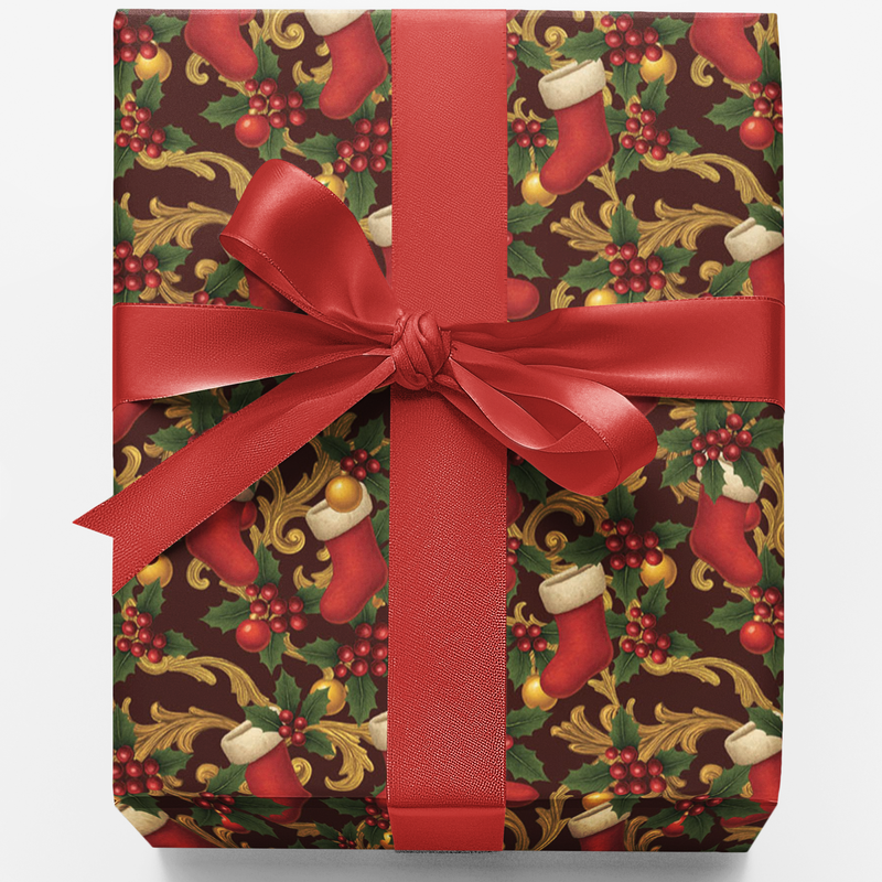 Vintage Botanical Holiday Wrapping Paper, Baroque Stocking Holly Christmas Wrapping Paper, Festive Gift Wrapping Paper, Xmas Present Wrap