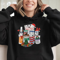 Medical Vials Holiday Sweatshirt, Nurse Christmas Hoodie, Adorable Cartoon Nurse Hoodie, ICU Doctor Winter Hooded Pullover, Xmas Nurse Present