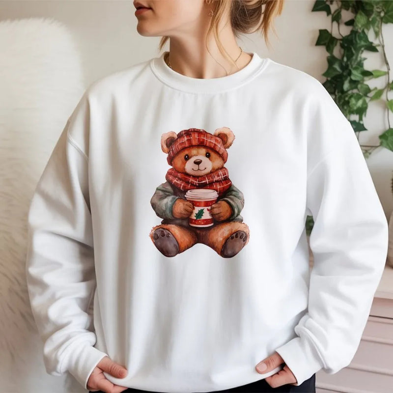 Comfy Holiday Coffee Teddy Bear Crewneck, Christmas Bear Sweatshirt, Adorable Winter Season Pullover, Aesthetic Christmas Animal Sweater