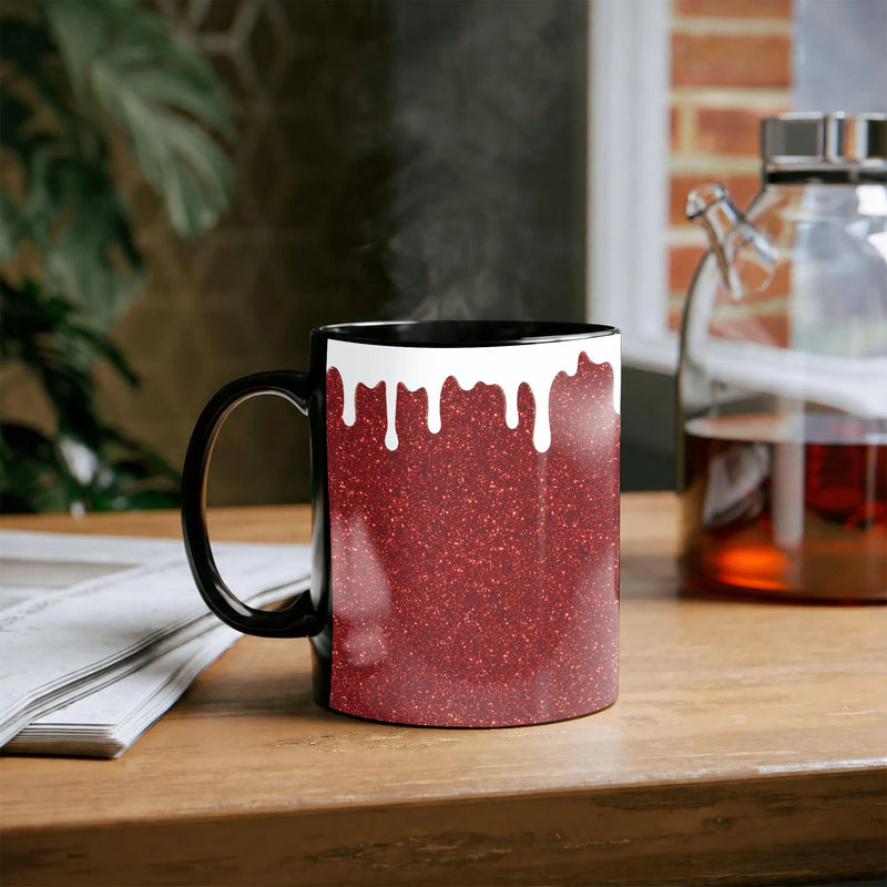 Faux Sparkle White Paint Drips Coffee Mug, Red Glitter Drip Ceramic Mug, Adorable Valentine Tea Cup, Aesthetic Christmas Holiday Present