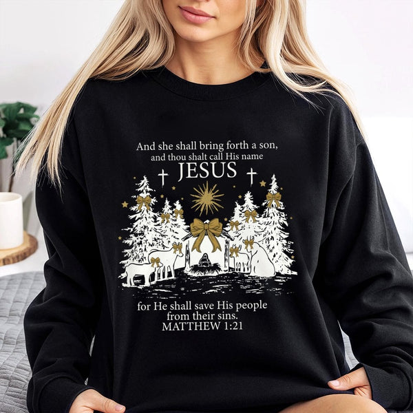 Matthew 1 21 Scripture Sweatshirt, Jesus Nativity Scene Sweatshirt, Christian Faith Sweatshirt, Religious Christmas Crewneck,