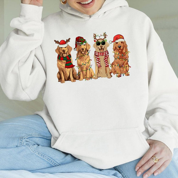 Festive Holiday Dogs Santa Hat Hooded Sweatshirt, Golden Retriever Christmas Hoodie, Adorable Xmas Pup Pullover, Dog Mom Wint