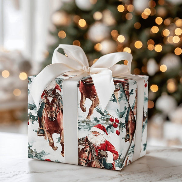 Watercolor Evergreen Christmas Gift Wrap, Equestrian Santa on Brown Horse Wrapping Paper, Rustic Holiday Paper, Festive Wrapp