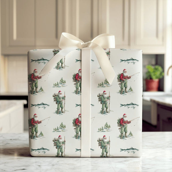 Rustic Outdoorsman Holiday Gift Wrap, Fishing Santa Wrapping Paper, Fisherman Christmas Wrapping Paper, Angler Winter Present