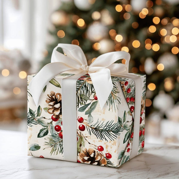 Rustic Winter Berry Gift Wrap, Watercolor Pinecone Christmas Wrapping Paper, Holiday Botanical Wrapping Paper, Xmas Gift Wrap