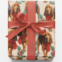 Holly Scarf Dog Holiday Gift Wrap, Bloodhound Christmas Wrapping Paper, Festive Puppy Present Paper, Dog Lover Xmas Gift Wrapping Paper