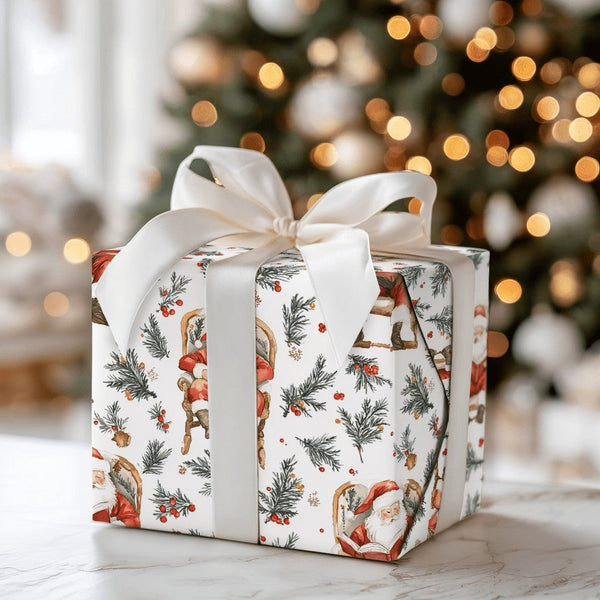 Watercolor Armchair Santa Gift Wrap, Vintage Santa Reading Wrapping Paper, Traditional Christmas Wrapping Paper, Holiday Wrap