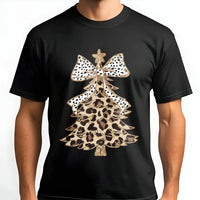Festive Polka Dot Bow Shirt, Leopard Print Christmas Tree T-Shirt, Adorable Winter Holiday Graphic Tee, Retro Xmas Tree T-Shirt, Womens Present