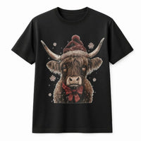 Santa Hat Cow T-Shirt, Christmas Highland Cow Shirt, Plaid Bow Holiday Tee, Farmhouse Christmas T-Shirt, Festive Cow Graphic Shirt