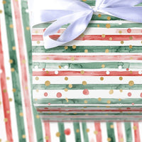Red and Green Christmas Gift Wrap, Watercolor Stripe Wrapping Paper, Gold Foil Dot Holiday Present Paper, Festive Stripe Wrapping Paper Roll