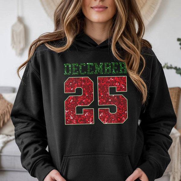 Red Glitter Holiday Date Hooded Sweatshirt, December 25 Christmas Hoodie, Festive Xmas Day Graphic Pullover, Winter Holiday C