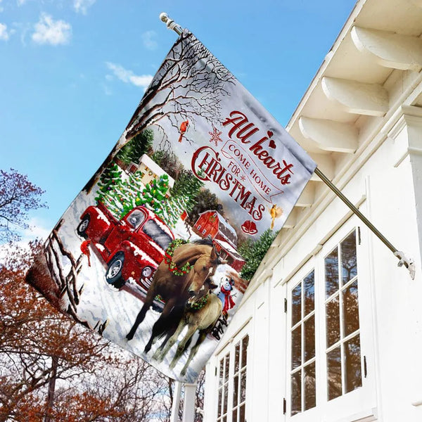 Winter Farmhouse Holiday Yard Flag, All Hearts Come Home for Christmas Horse Garden Flag, Rustic Equestrian Lawn Flag, Horse 