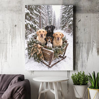 Labrador Beagle Winter Sled Wall Art, Dogs in Christmas Sleigh Canvas, Snowy Forest Dog Canvas Print, Rustic Holiday Dog Wall Decor
